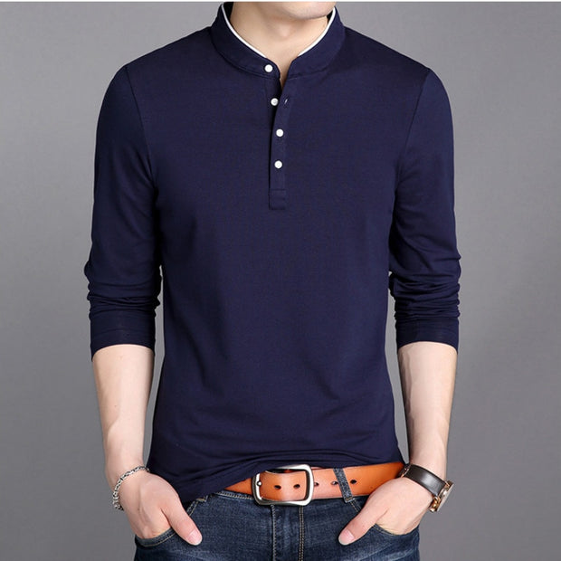Spring Men&#39;s Long Sleeve T Shirts Half Buttons Stand Collar Cotton Pullovers Solid Casual Tops Comfy Korea Tide Slim Thin Tees